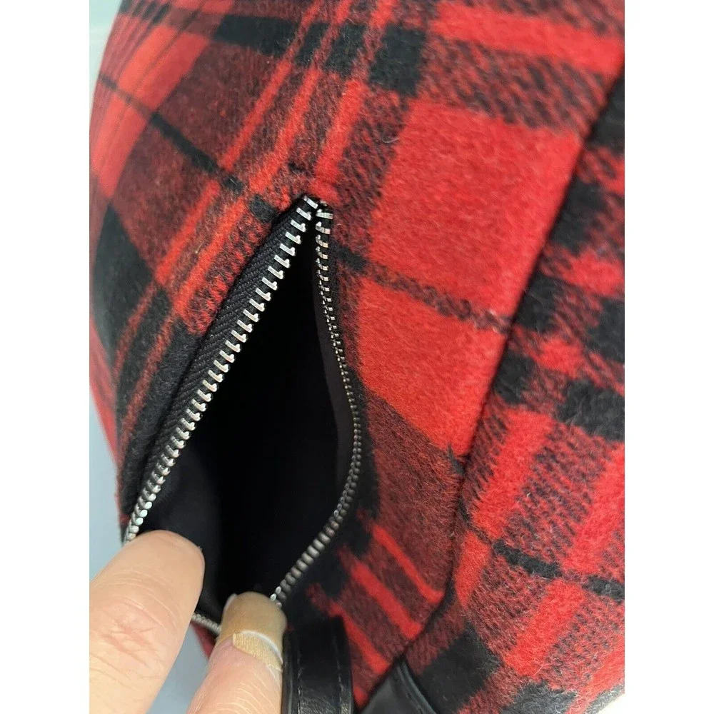 BEARPAW Faux Shearling Trim Drawstring Backpack, Red and Black Buffalo Plaid